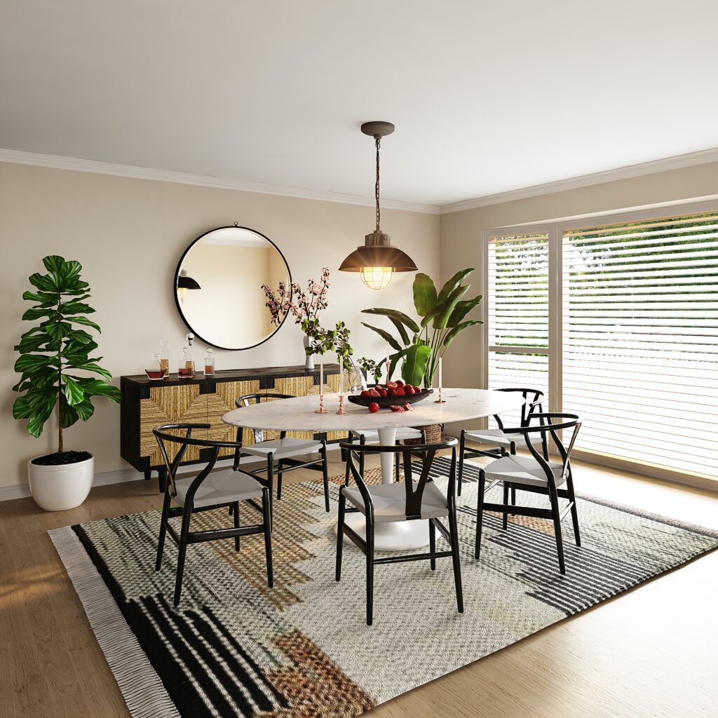 circular dining roon with brown as accent color
